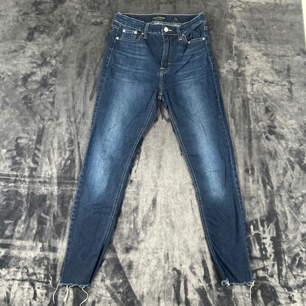 Lucky Brand Skinny Jeans Womens 6/28 Blue Dark Wash High Rise Raw Hem Denim